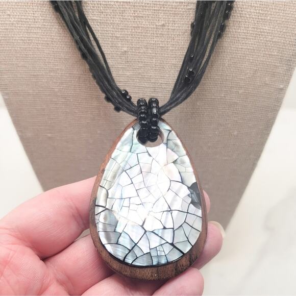 Boutique beaded multi-strand necklace with abalone & wood mosaic teardrop - Picture 3 of 8